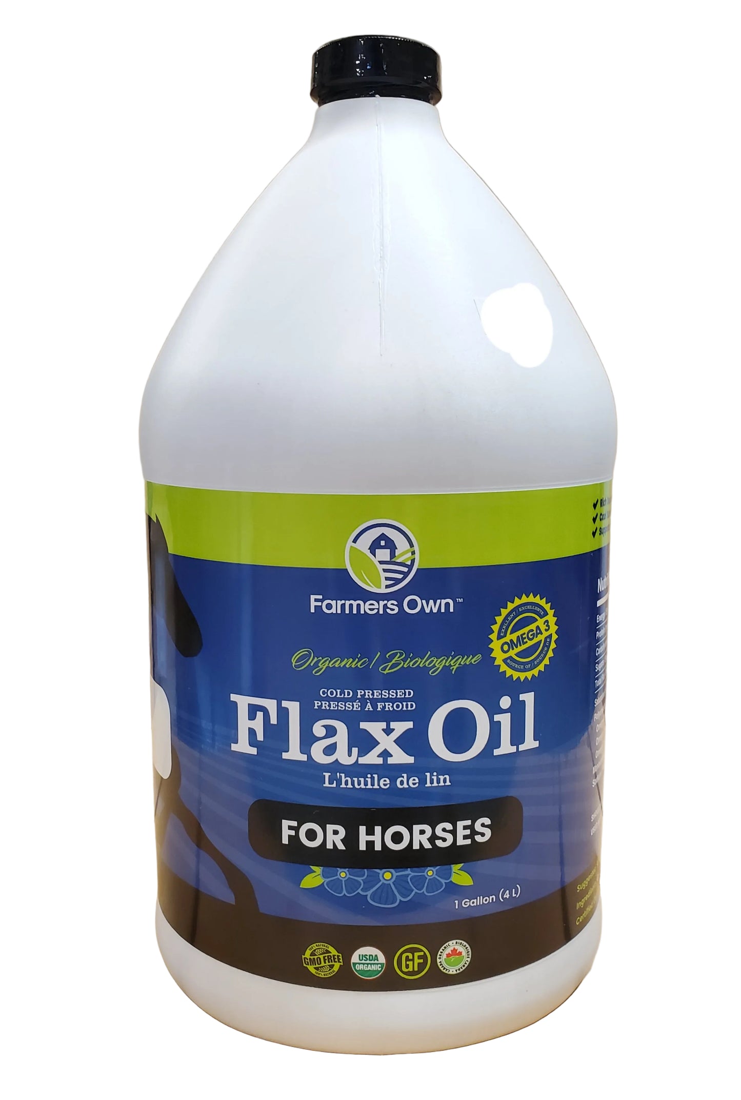 flax oil from 'farmer's own' in a white jug with a blue and green label on a white background