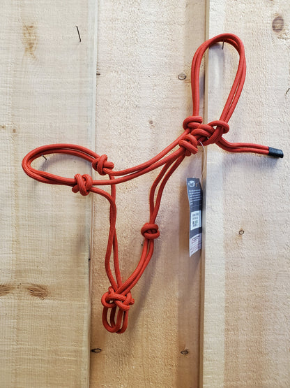 A red poly-nylon rope halter hanging against a wooden 