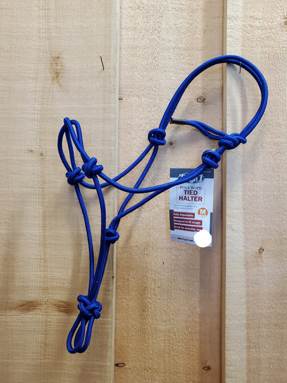 A royal blue poly-nylon rope halter hanging against a wooden 