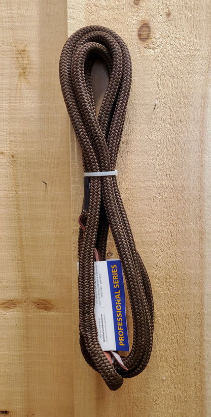 A 12-foot brown lead rope with a loop end and a leather popper on the end, displayed against a wooden background.