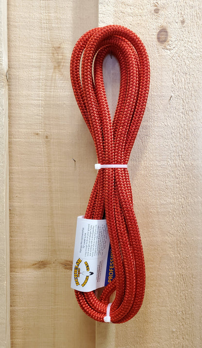 A 12-foot red lead rope with a loop end and a leather popper on the end, displayed against a wooden background.