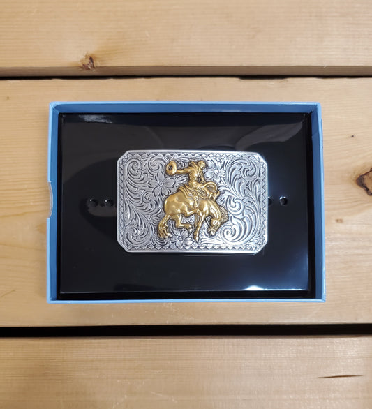 a smooth edge rectangle belt buckle with a bronc horse