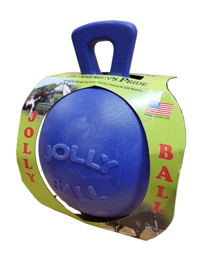 a purple jolly ball for horses to play with in a cardboard display box on a white background
