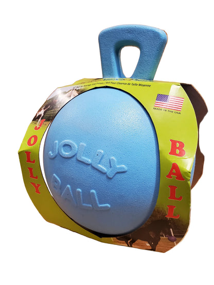 a light blue jolly ball for horses to play with in a cardboard display box on a white background
