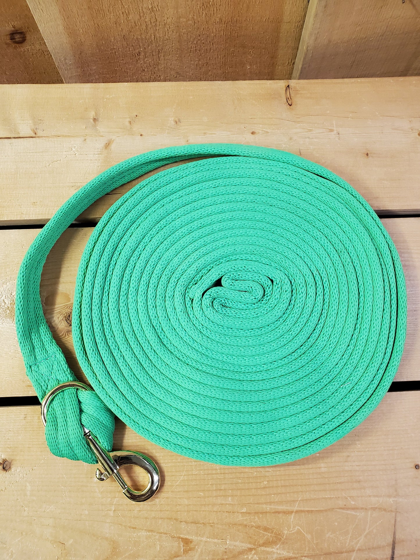lime green coiled up rope with a brass snap on a wooden background