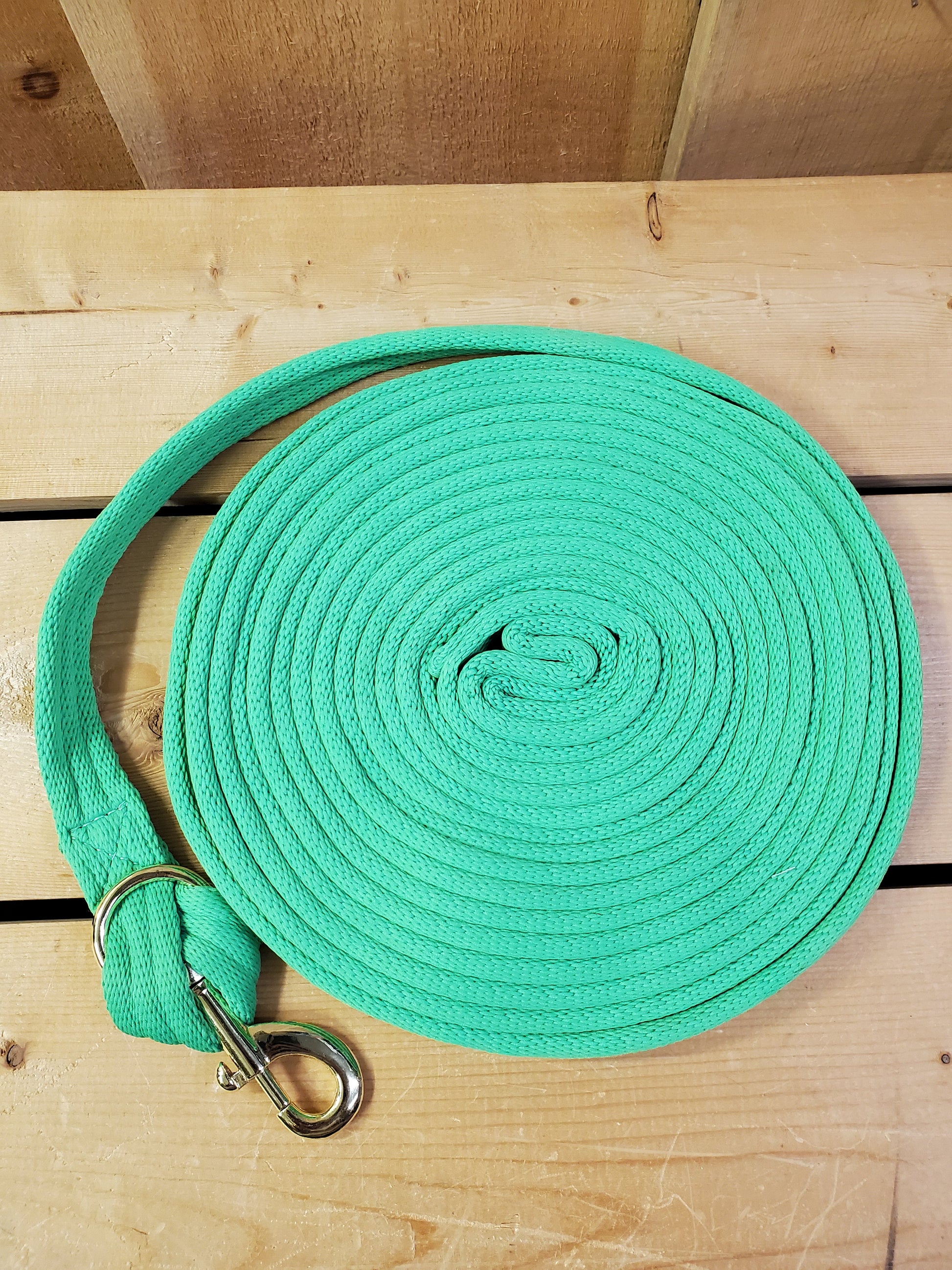 lime green coiled up rope with a brass snap on a wooden background