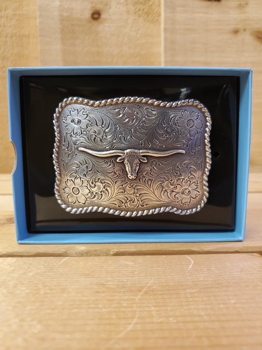 a rope edge rectangular belt buckle with a texas longhorn on it