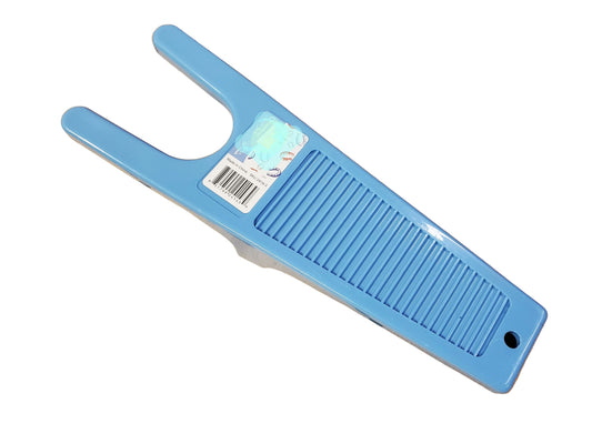 A blue plastic boot jack with ridged surface and notches for removing boots.