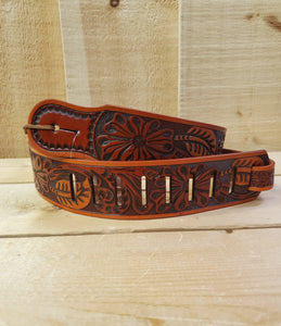 Two Tone Floral Tooled Leather Guitar Strap by 3D®