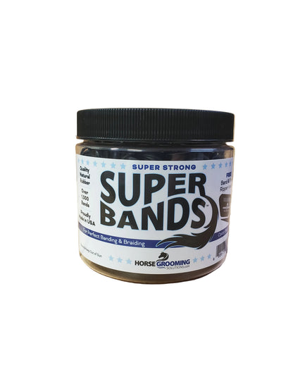 A clear plastic jar with a black lid labeled 'Super Bands' containing natural rubber bands for horse grooming.