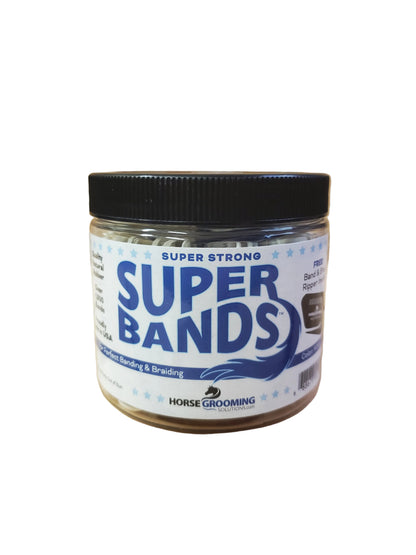 A clear plastic jar with a black lid labeled 'Super Bands' containing natural rubber bands for horse grooming.
