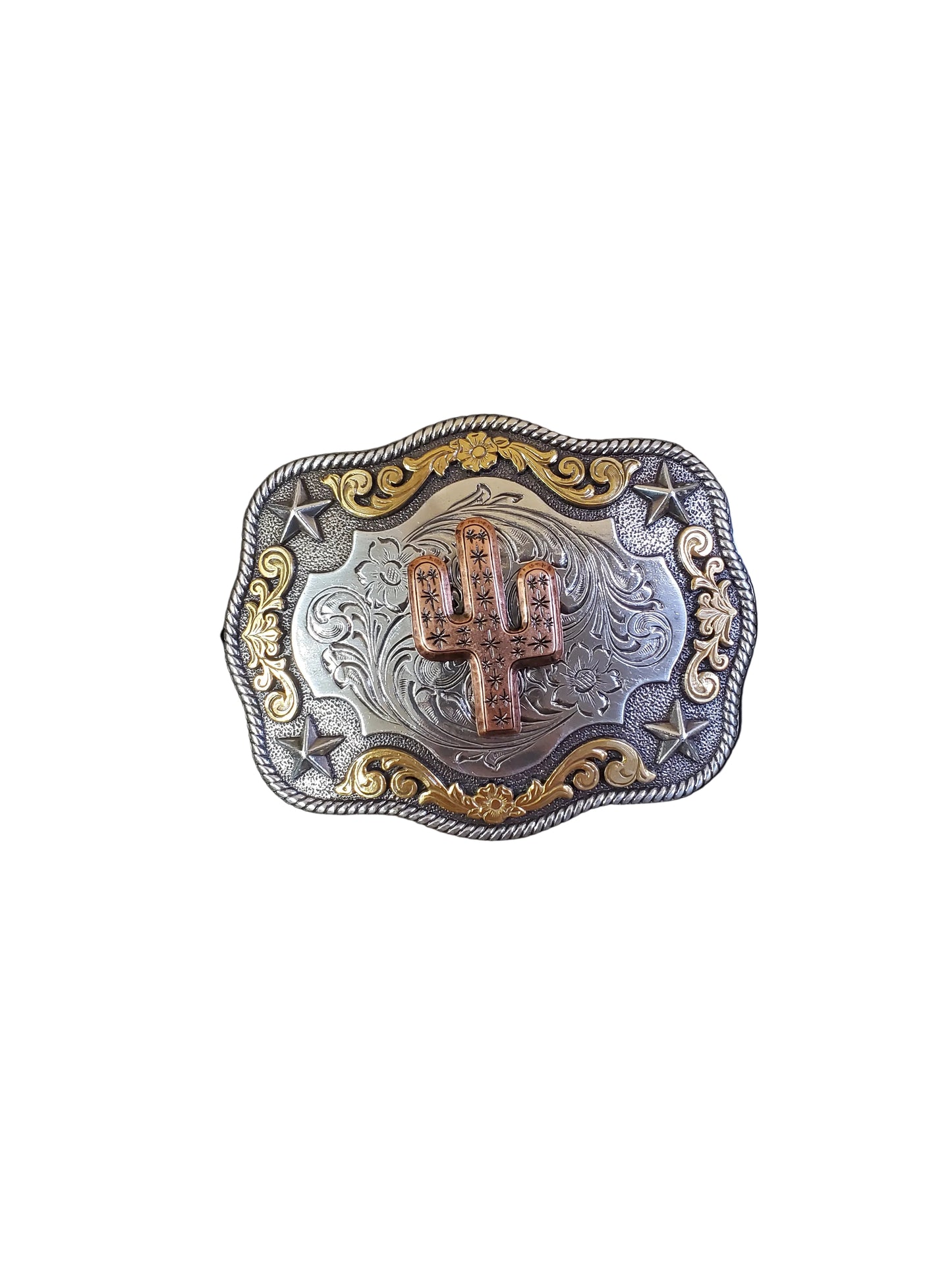 a rope edge belt buckle with gold flowers and a copper cactus