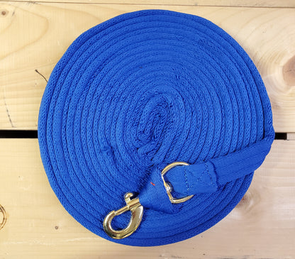 blue coiled up rope with a brass snap on a wooden background