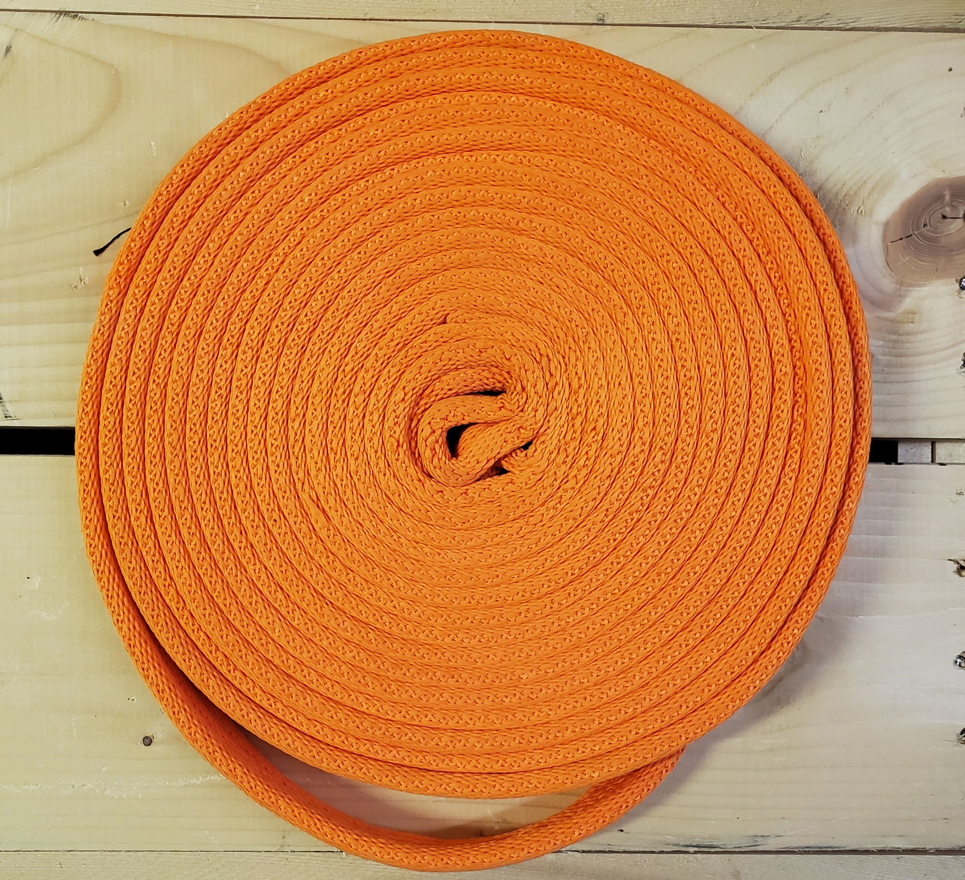 orange coiled up rope with a brass snap on a wooden background