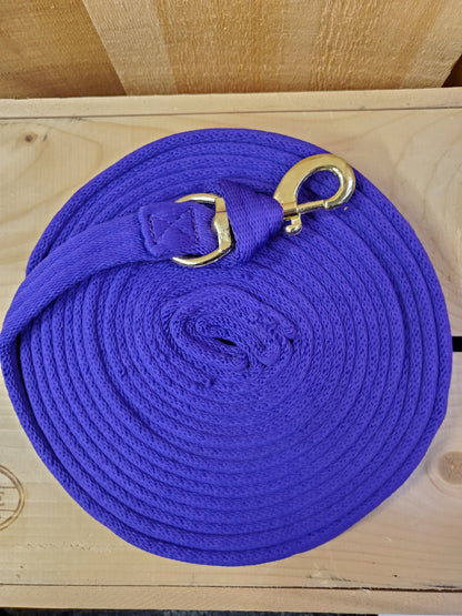 purple coiled up rope with a brass snap on a wooden background