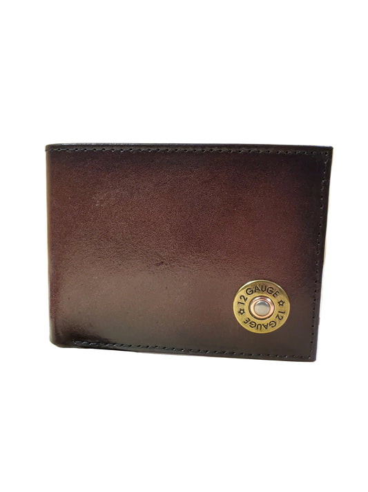 a leather bi fold wallet with a 12 gauge decoration on the corner on a white background