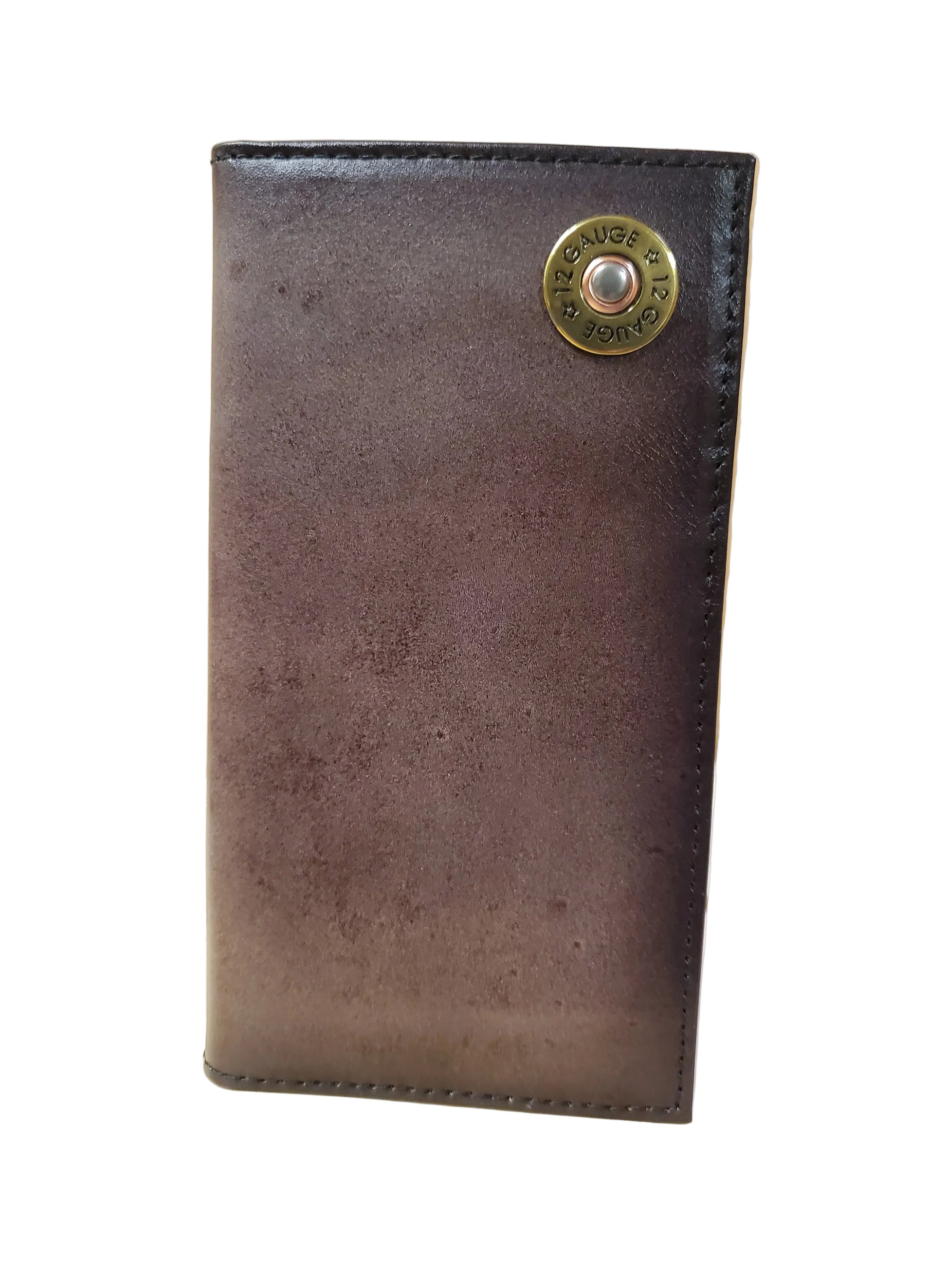 a brown leather rodeo wallet with a 12 gauge detail in the corner on a white background
