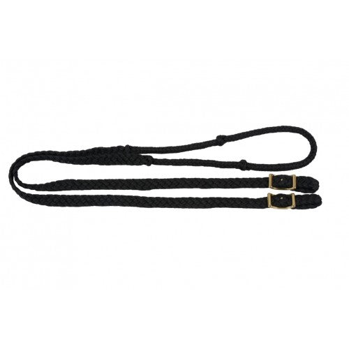 A pair of braided nylon gaming reins with nickel-plated buckles and easy grip knots.