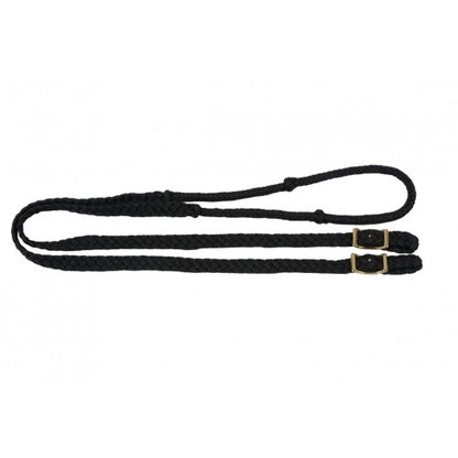 A pair of braided nylon gaming reins with nickel-plated buckles and easy grip knots.