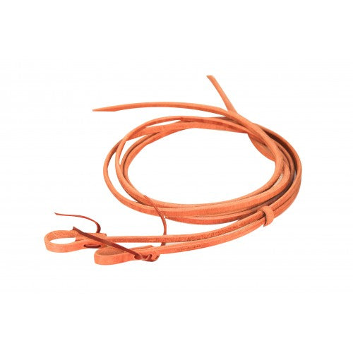 coiled harness leather split reins on a white background
