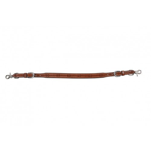 a leather strap with barbwire detail and buckles and snaps on the end