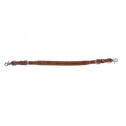 a leather strap with barbwire detail and buckles and snaps on the end