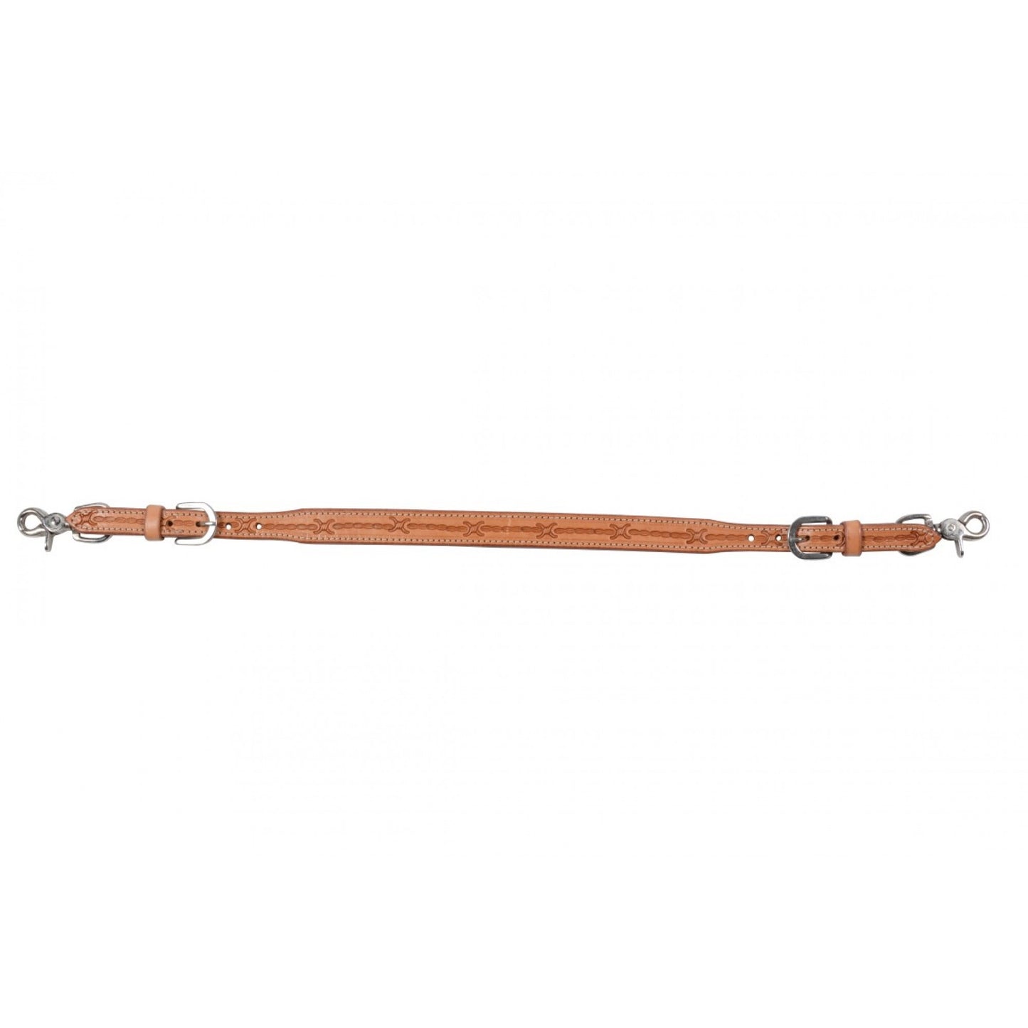 a leather strap with barbwire detail and buckles and snaps on the end