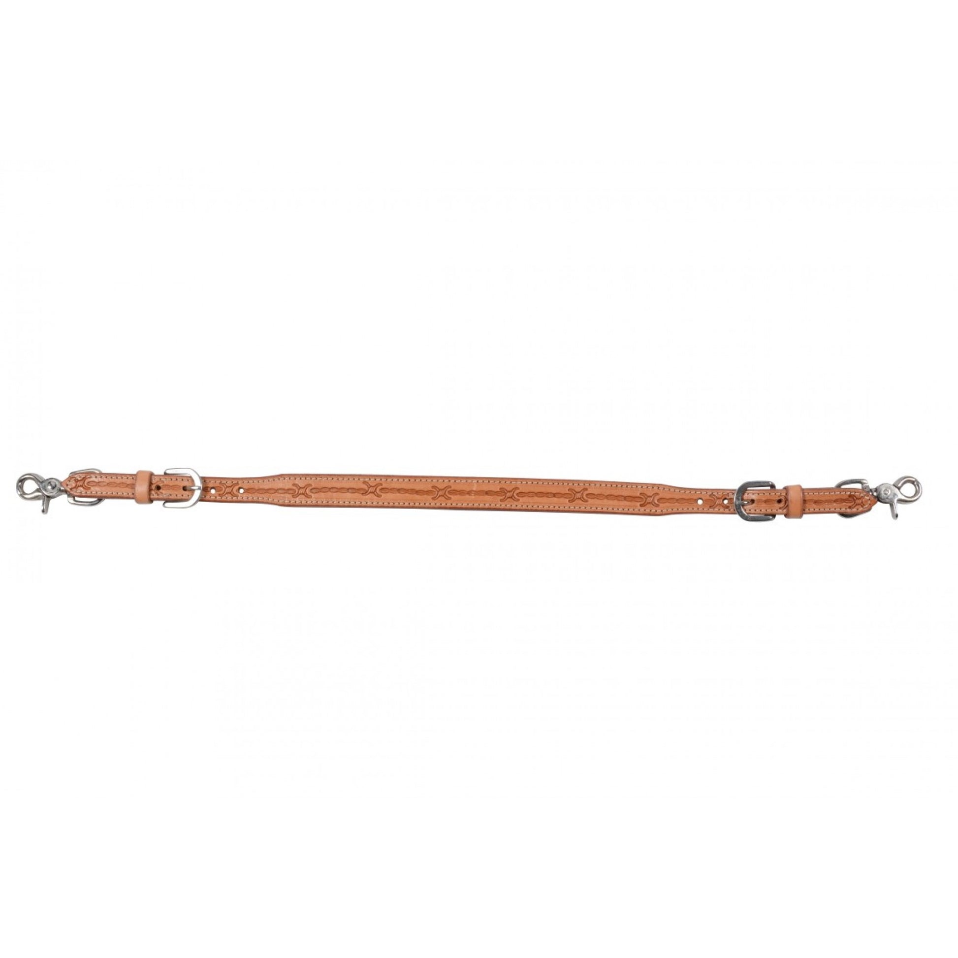 a leather strap with barbwire detail and buckles and snaps on the end