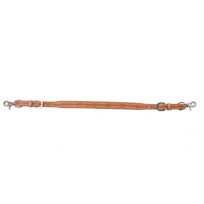 a leather strap with barbwire detail and buckles and snaps on the end