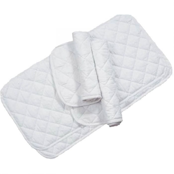 four white quilted pieces of material two spread out and two partially rolled up on a white background