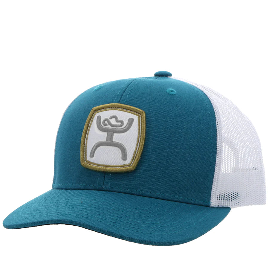 teal and white trucker cap by hooey on a white background