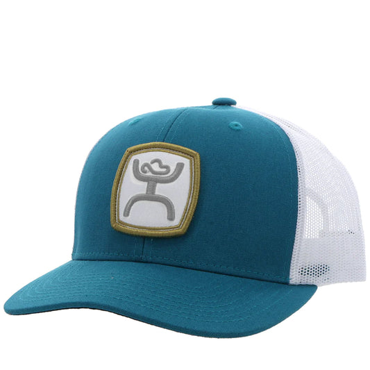 teal and white trucker cap by hooey on a white background