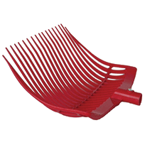 A red plastic manure fork head designed for cleaning horse stalls, with a reinforced rounded plastic head and multiple prongs.