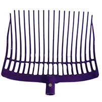 A purple plastic manure fork head designed for cleaning horse stalls, with a reinforced rounded plastic head and multiple prongs.