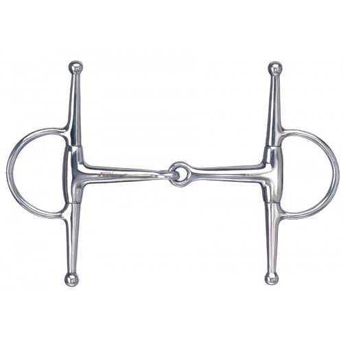 a stainless steel full cheek snaffle bit on a white background
