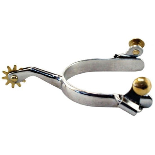 a silver colored metal spur with brass colored 10 point rowel and buttons on a white background