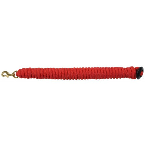 A red cotton lunge line with a rubber stopper and metal clip.