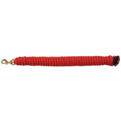 A red cotton lunge line with a rubber stopper and metal clip.