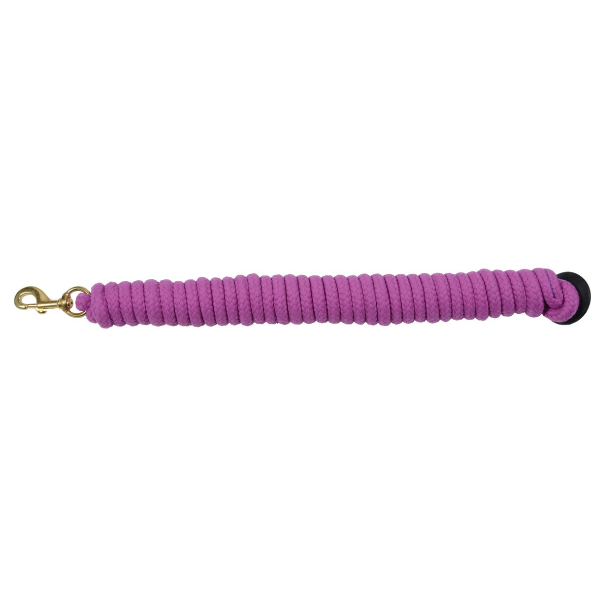 A purple cotton lunge line with a rubber stopper and metal clip.