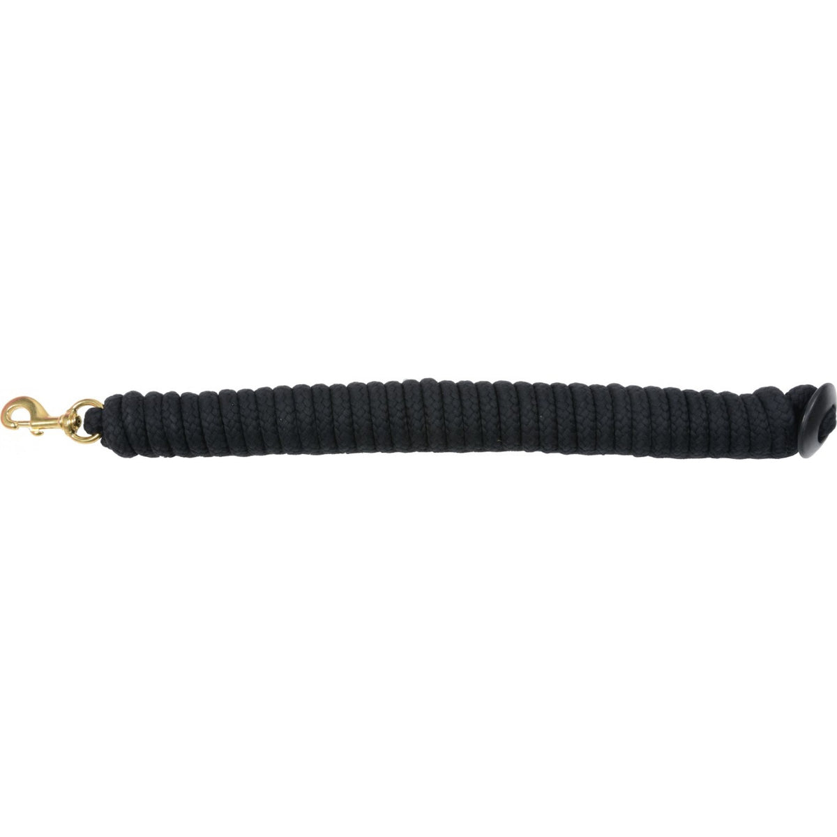 A black cotton lunge line with a rubber stopper and metal clip.