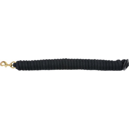 A black cotton lunge line with a rubber stopper and metal clip.