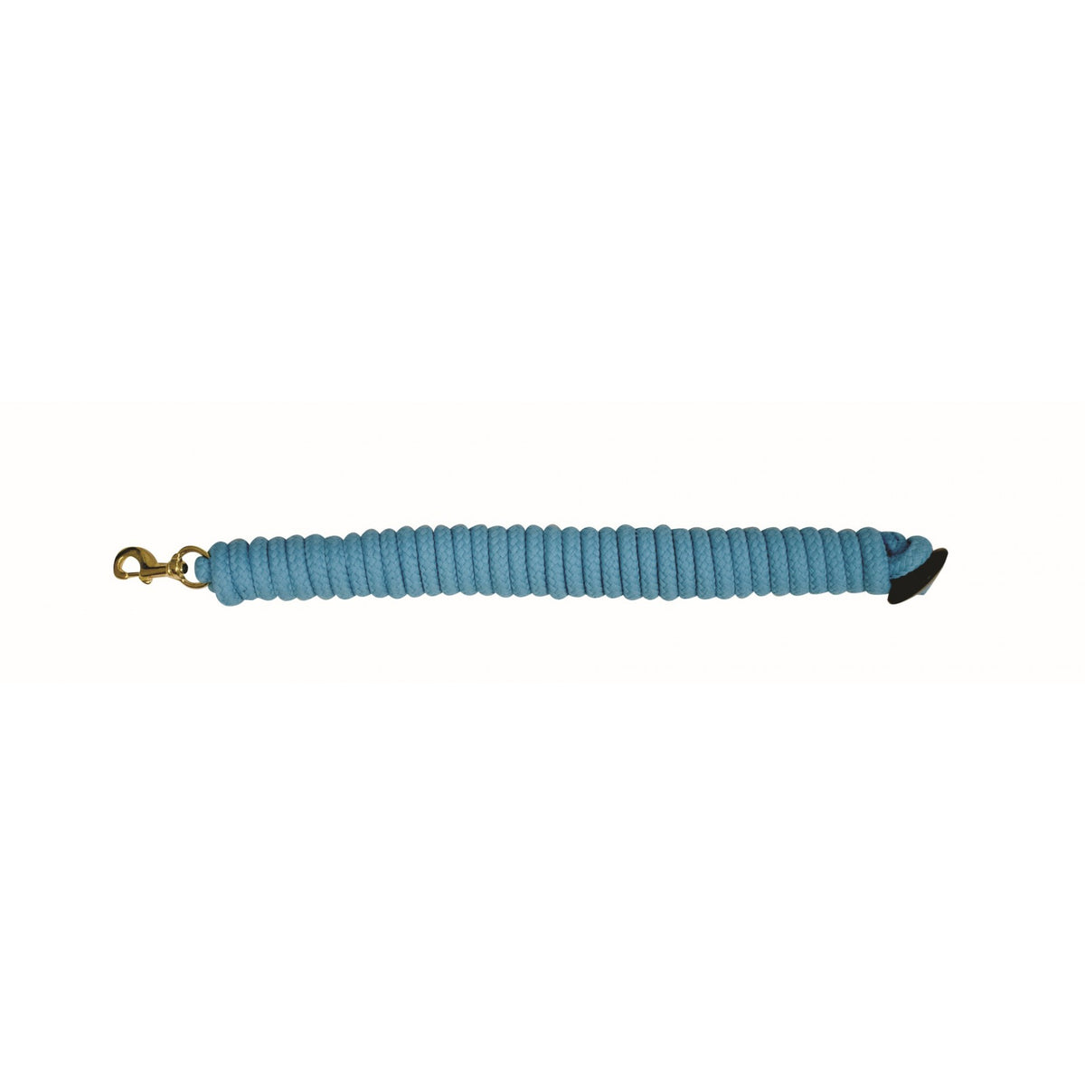 A blue cotton lunge line with a rubber stopper and metal clip.