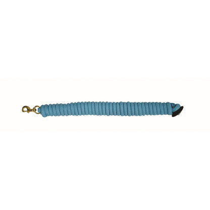 A blue cotton lunge line with a rubber stopper and metal clip.