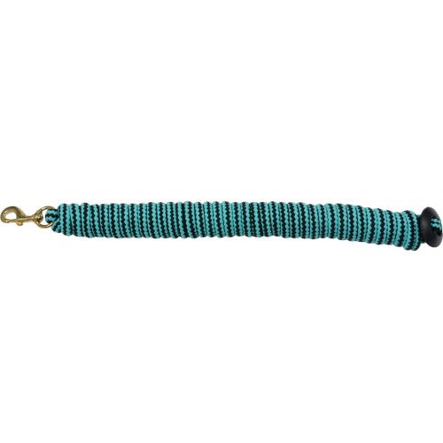 A teal & black cotton lunge line with a rubber stopper and metal clip.