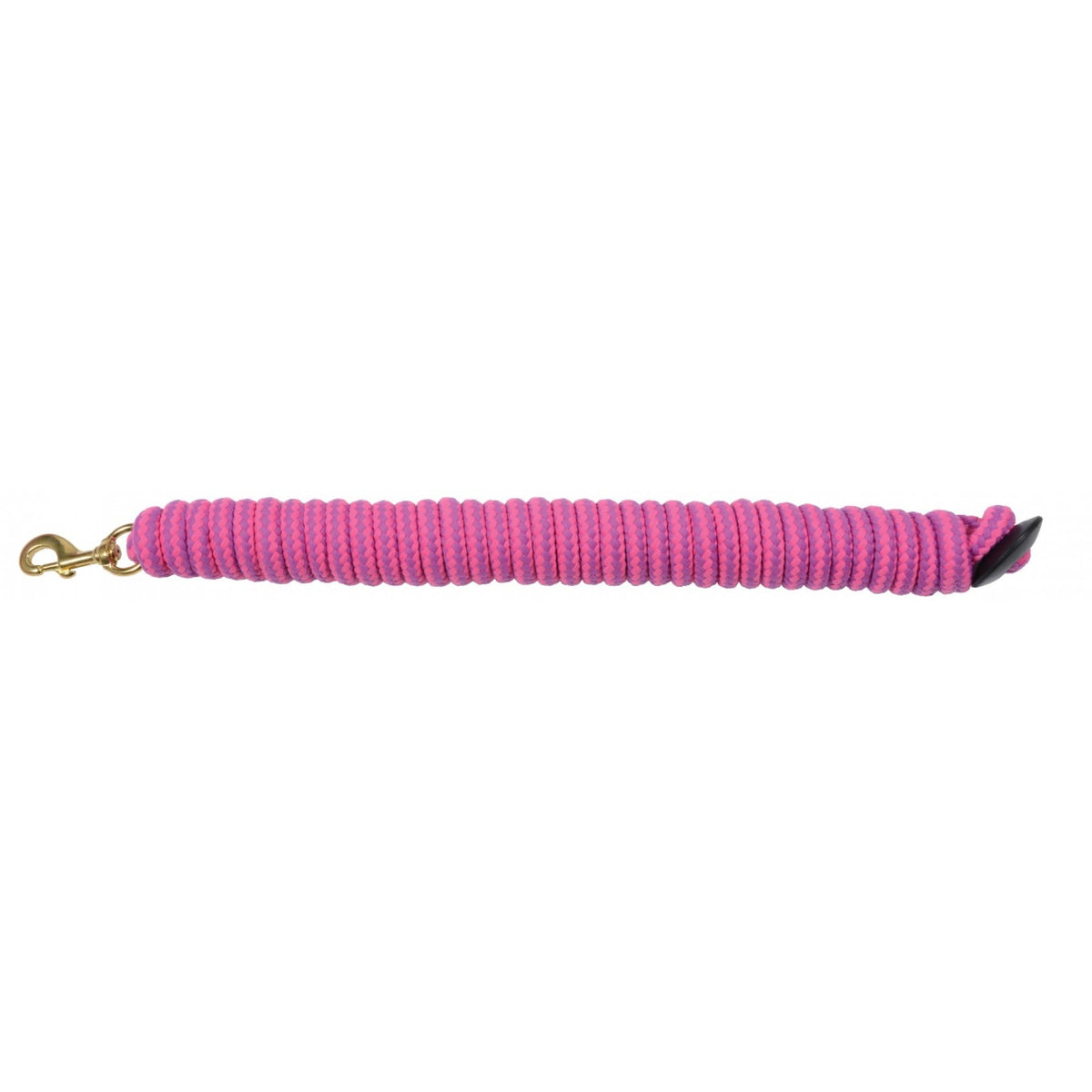 A pink cotton lunge line with a rubber stopper and metal clip.