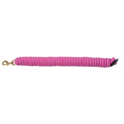 A pink cotton lunge line with a rubber stopper and metal clip.