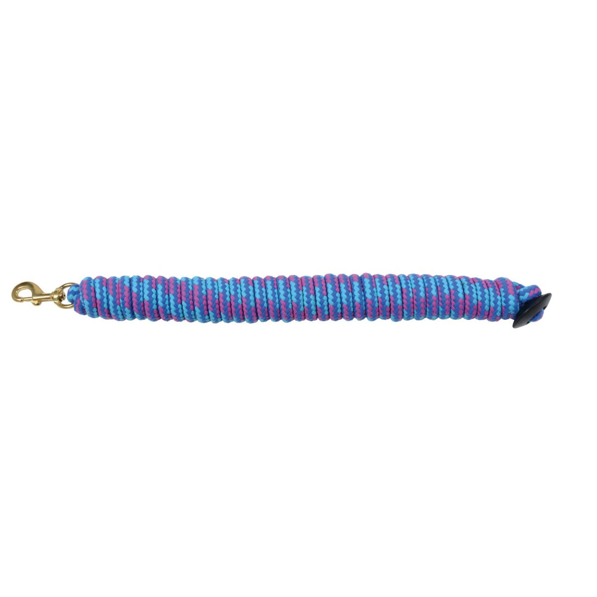 A purple & blue cotton lunge line with a rubber stopper and metal clip.