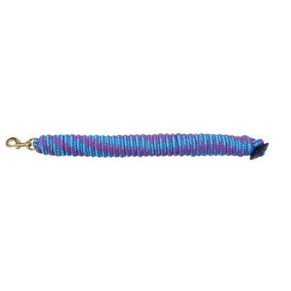 A purple & blue cotton lunge line with a rubber stopper and metal clip.