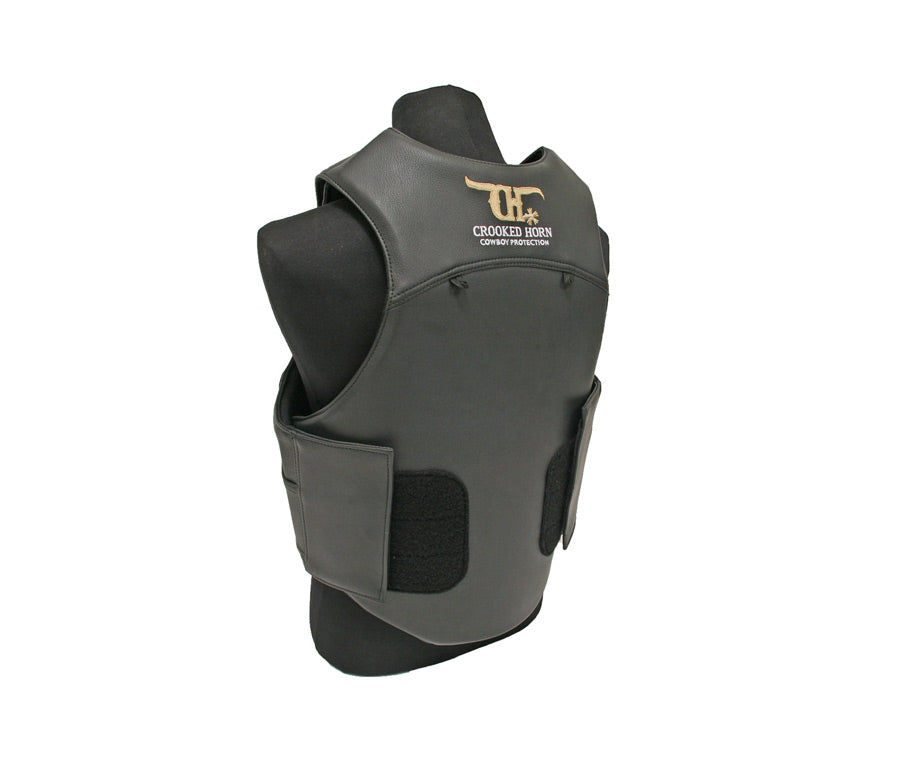 a back view of a black pleather crooked horn bull rider vest on a mannequinn