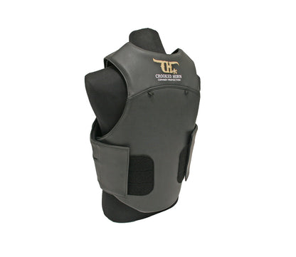 a back view of a black pleather crooked horn bull rider vest on a mannequinn